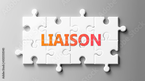 Liaison complex like a puzzle - pictured as word Liaison on a puzzle pieces to show that Liaison can be difficult and needs cooperating pieces that fit together, 3d illustration photo