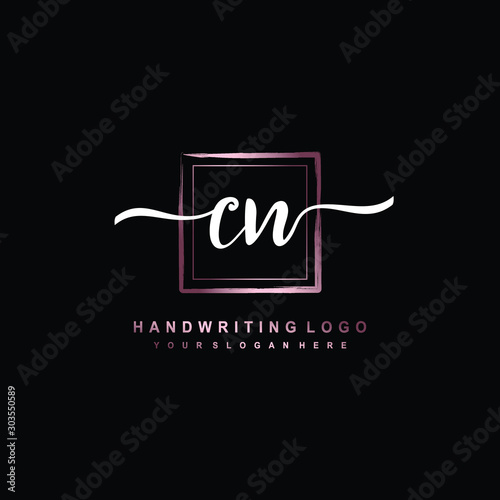 CN Initial handwriting logo design with brush box lines dark pink color gradation. handwritten logo for fashion, team, wedding, luxury logo.