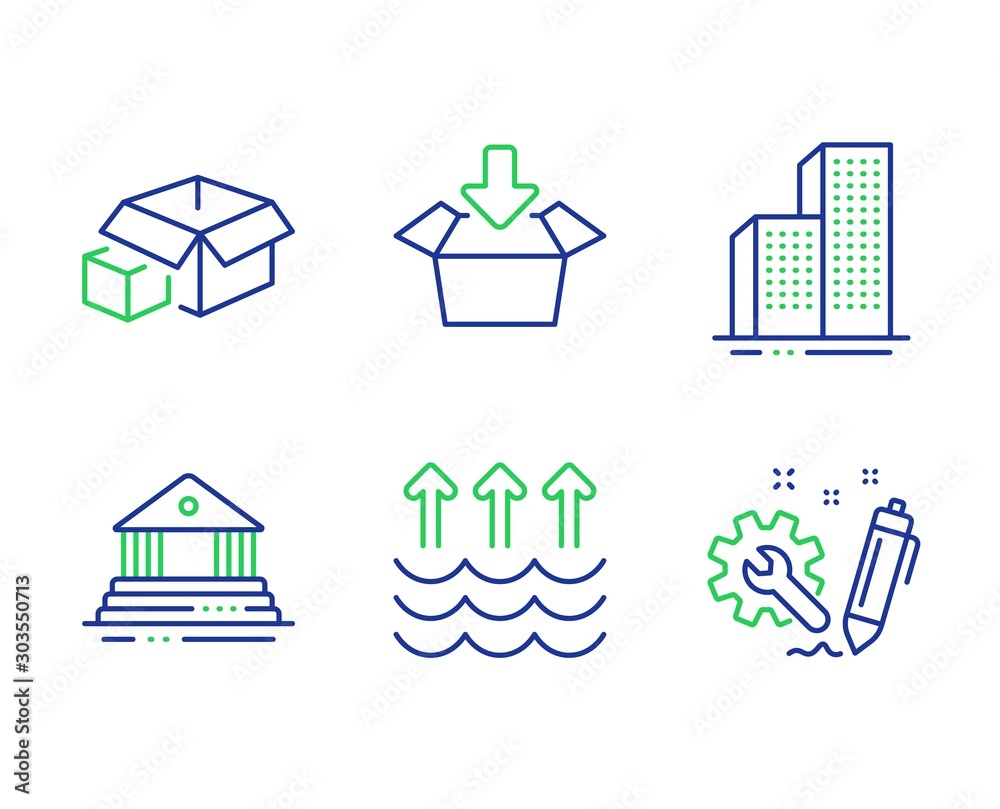Evaporation, Skyscraper buildings and Court building line icons set. Get box, Packing boxes and Engineering signs. Global warming, Town architecture, Government house. Send package. Vector