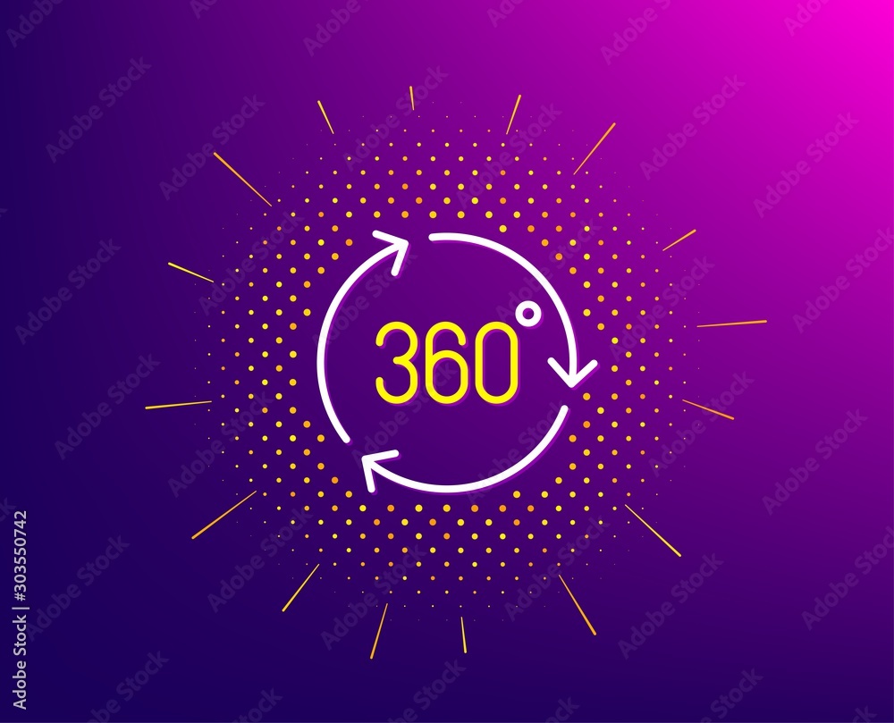 360 degree line icon. Halftone pattern. VR technology simulation sign. Panoramic view symbol. Gradient background. 360 degree line icon. Yellow halftone pattern. Vector 360 degree line icon. Halftone pattern. VR technology simulation sign. Panoramic view symbol. Gradient background. 360 degree line icon. Yellow halftone pattern. Vector