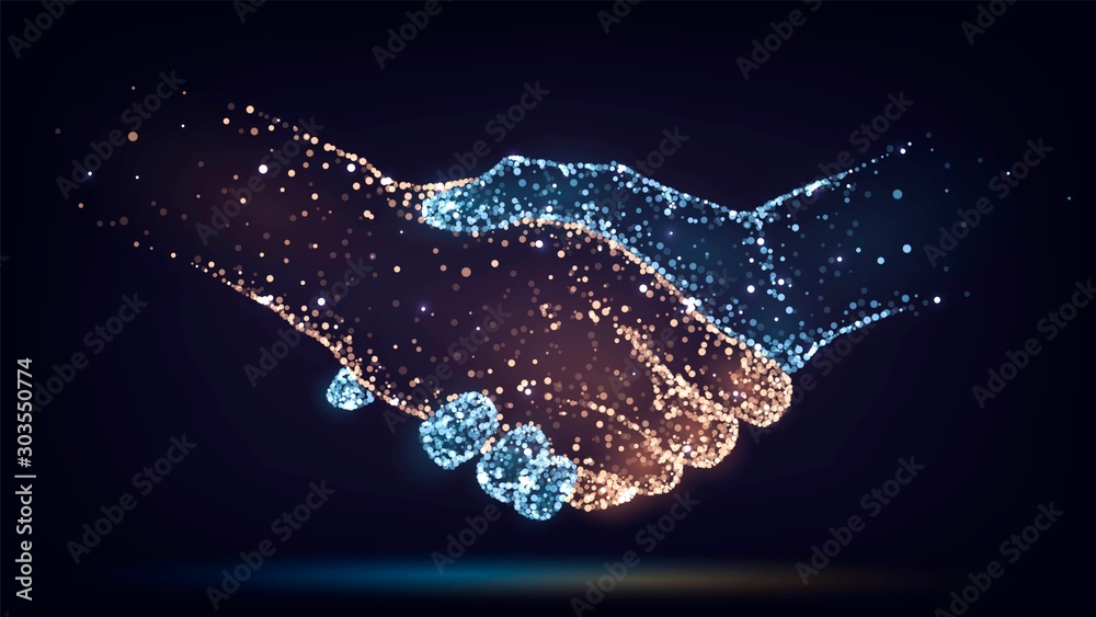 Two hands of glowing particles, orange and blue, handshake,  business, trust concept