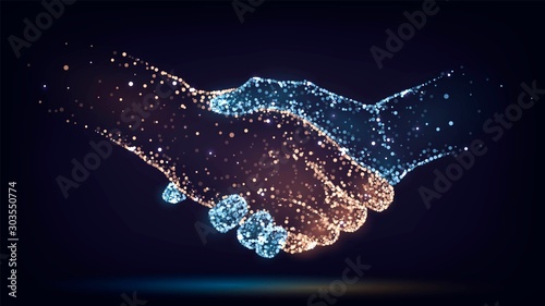 Two hands of glowing particles, orange and blue, handshake, business, trust concept