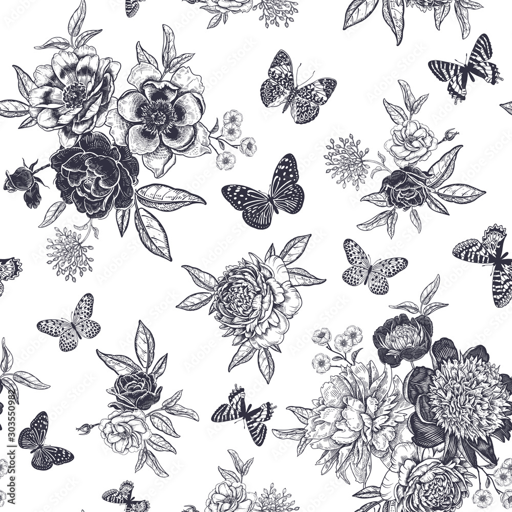 Fototapeta Black and white Vintage floral seamless pattern. Peonies, roses and butterflies.