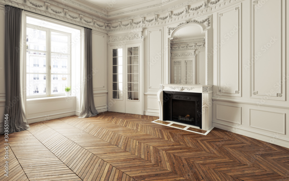 Empty room of an elegant residence with fireplace ,white trim Victorian accent interior space and herringbone wood flooring. Photo realistic 3d illustration. 3d rendering - obrazy, fototapety, plakaty 