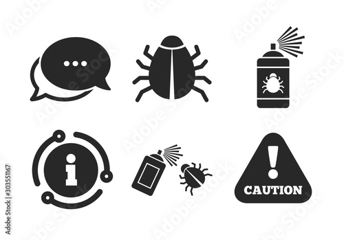 Caution attention symbol. Chat, info sign. Bug disinfection icons. Insect fumigation spray sign. Classic style speech bubble icon. Vector