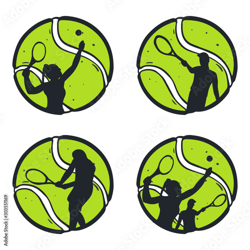 Set of Tennis balls with player inside. Vector illustration.
