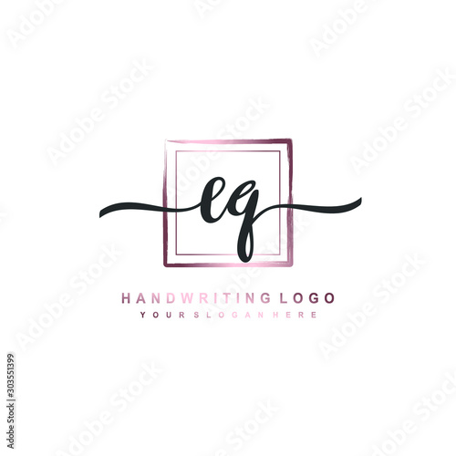 EQ Initial handwriting logo design with brush box lines dark pink color gradation. handwritten logo for fashion, team, wedding, luxury logo. photo