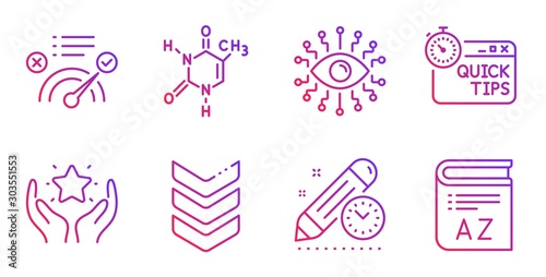 Shoulder strap, Project deadline and Artificial intelligence line icons set. Quick tips, Correct answer and Ranking signs. Chemical formula, Vocabulary symbols. Army rank, Time management. Vector