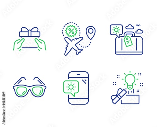 Travel luggage, Flight sale and Sunglasses line icons set. Give present, Weather phone and Creative idea signs. Trip bag, Travel discount, Receive a gift. Present box. Holidays set. Vector