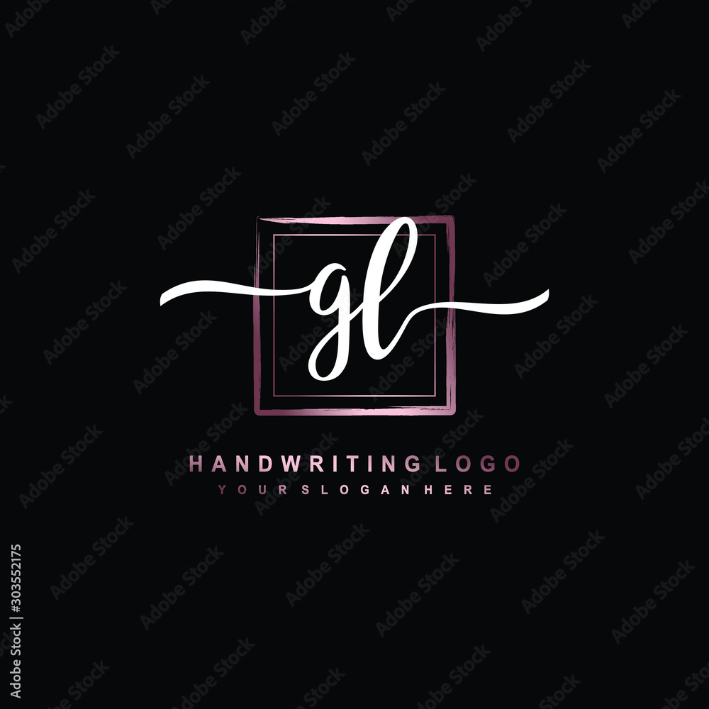 GL Initial handwriting logo design with brush box lines dark pink color gradation. handwritten logo for fashion, team, wedding, luxury logo.