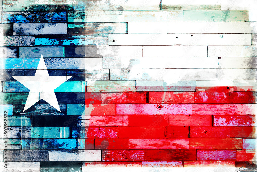 Flag of Texas (the Lone Star flag) on old painted grunge wood planks ...