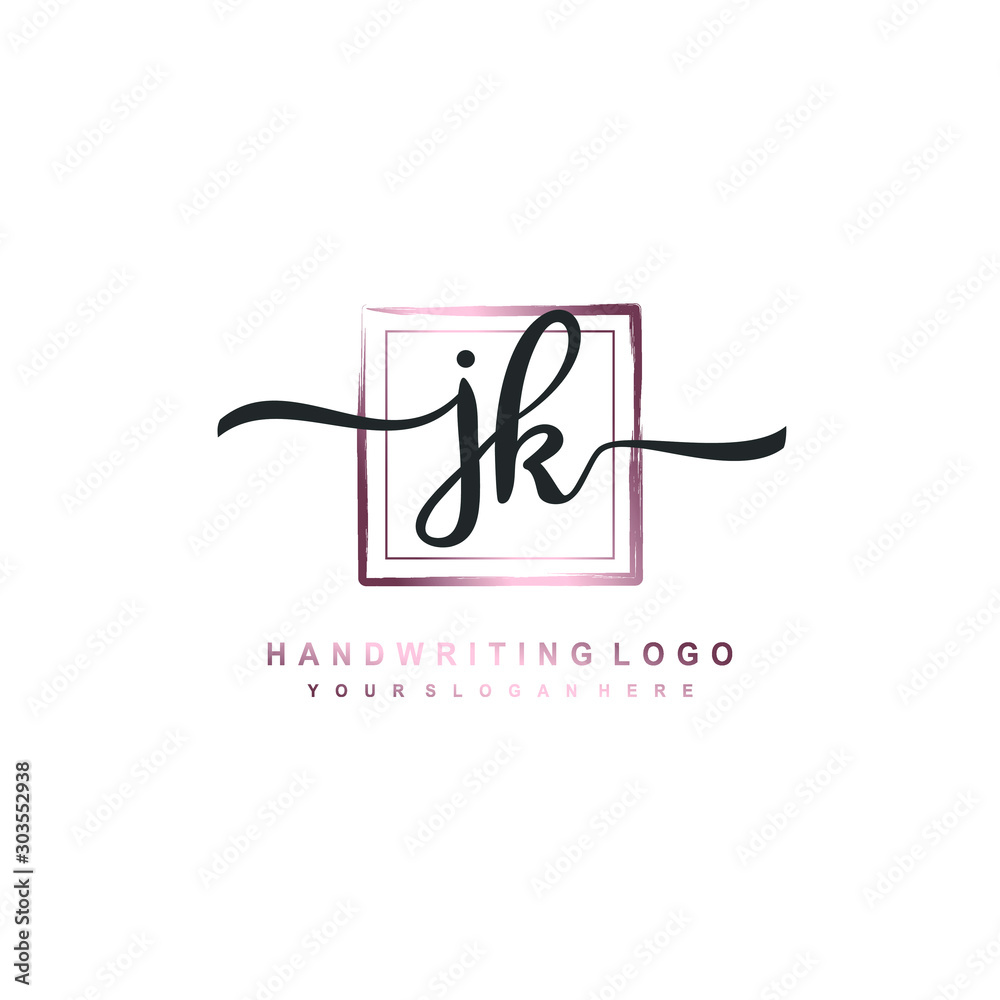 JK Initial handwriting logo design with brush box lines dark pink color gradation. handwritten logo for fashion, team, wedding, luxury logo.