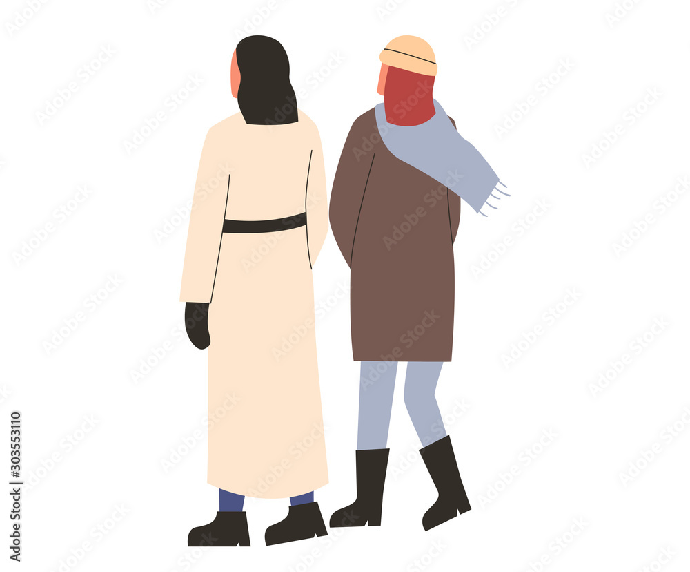 Female friends faceless characters wearing warm outfit. Walking girlfriends in winter clothes from back. Outdoor walk in winter season. Concept of friendship. flat vector illustration