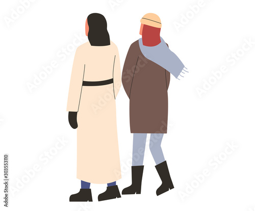 Female friends faceless characters wearing warm outfit. Walking girlfriends in winter clothes from back. Outdoor walk in winter season. Concept of friendship. flat vector illustration