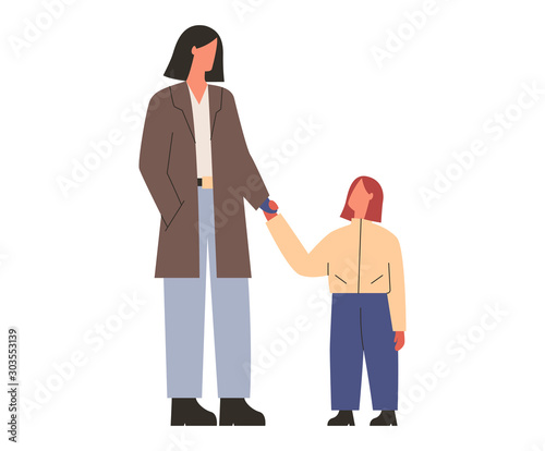 Couple of faceless characters wearing warm outfit. Walking mother and daughter in winter clothes. Outdoor walk in winter season. Concept of family. Flat vector illustration