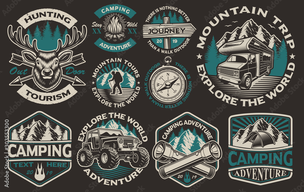Set of vector black and white logos for the camping theme