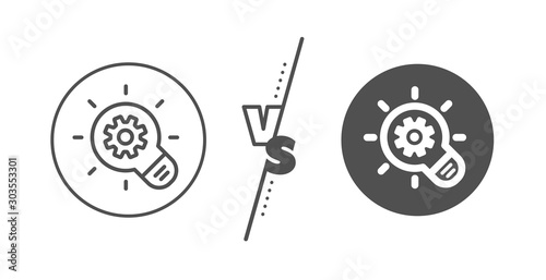 Engineering tool sign. Versus concept. Cogwheel line icon. Idea bulb symbol. Line vs classic cogwheel icon. Vector
