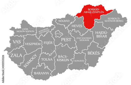 Borsod-Abauj-Zemplen red highlighted in map of Hungary photo