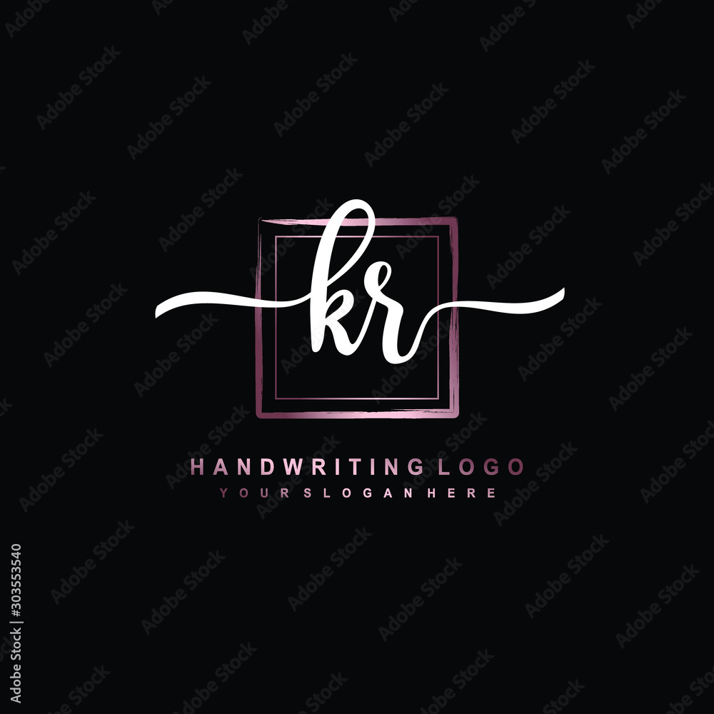 KR Initial handwriting logo design with brush box lines dark pink color gradation. handwritten logo for fashion, team, wedding, luxury logo.