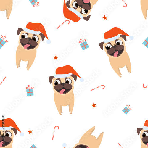 Christmas and New Year seamless pattern with cute dog pug wearing Santa hat, xmas gifts, stars and candy.