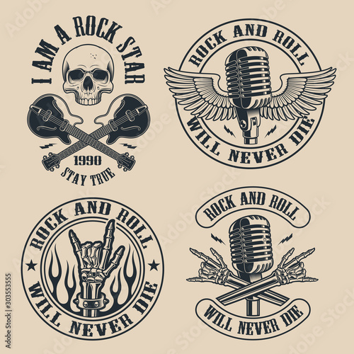 Set of vintage rock and roll emblems on dark background.