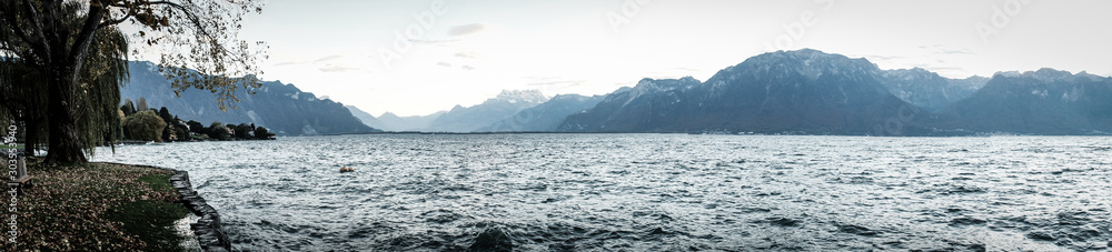 Panoramic view of Leman lake in Switzerland alps