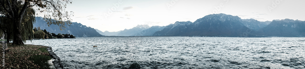 Panoramic view of Leman lake in Switzerland alps Panoramic view of Leman lake in Switzerland alps