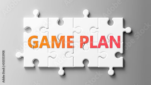 Game plan complex like a puzzle - pictured as word Game plan on a puzzle pieces to show that Game plan can be difficult and needs cooperating pieces that fit together, 3d illustration