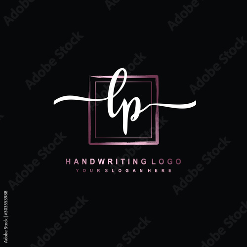 LP Initial handwriting logo design with brush box lines dark pink color gradation. handwritten logo for fashion, team, wedding, luxury logo.