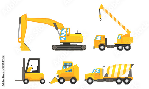 Industrial Kinds Of Transport Using On Road Or Constructive Works Flat Vector Illustration Set