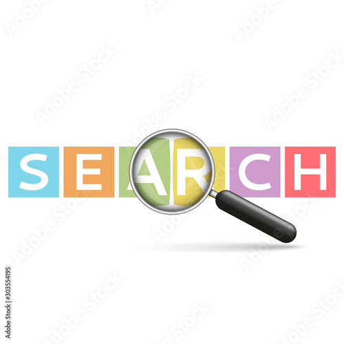 Word search emblem on multi-colored cubes with realistic magnifier seo technology conceptual vector illustration.