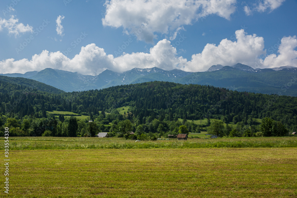 View on the mountains from village Stara Fuzina, Bohinj, Slovenia
