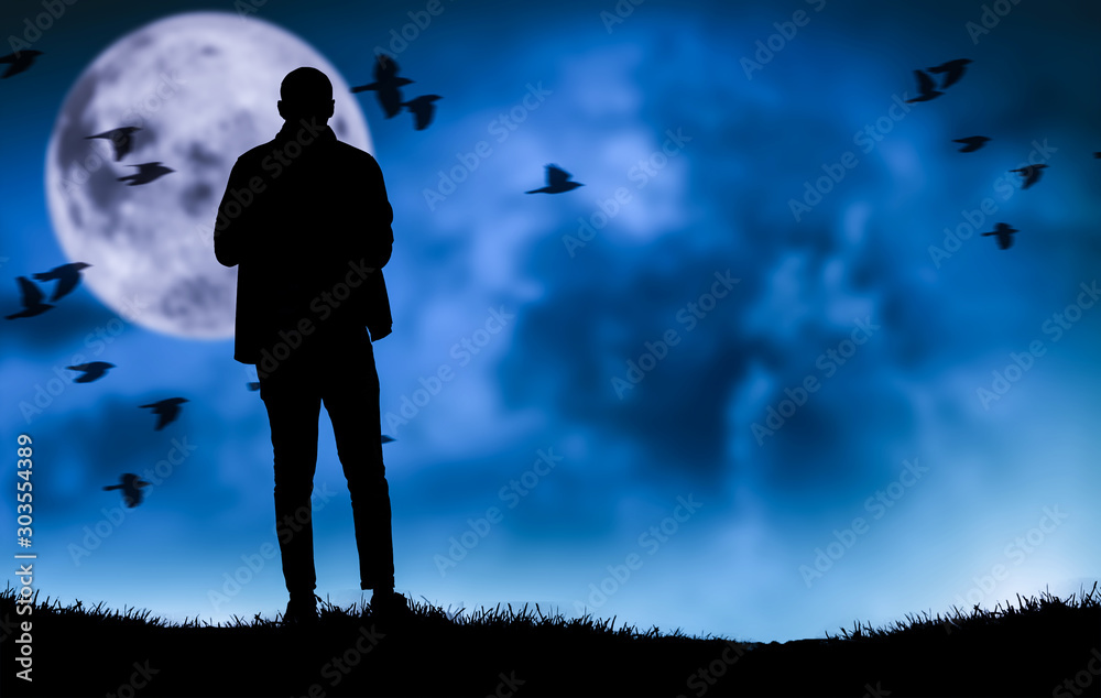 a silhouette man standing on mountain peak at night, and birds flying with bright full moon and dreamy dark sky.