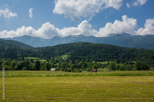 View on the mountains from village Stara Fuzina, Bohinj, Slovenia