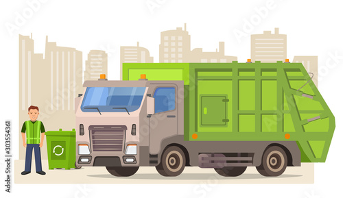 Garbage truck and cleaner. Cleaning the trash can.Urban sanitary loader truck.vector flat illustration.