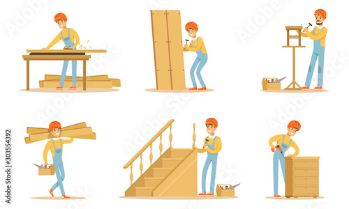 Naklejka Cartoon Carpenter Character With Tools For Woodworking And Repair Vector Illustration Set Isolated On White Background