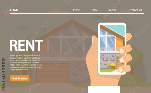 Houses for rent. The hand keeps smartphone the choice of the house in the application.Real estate concept.Rural building.