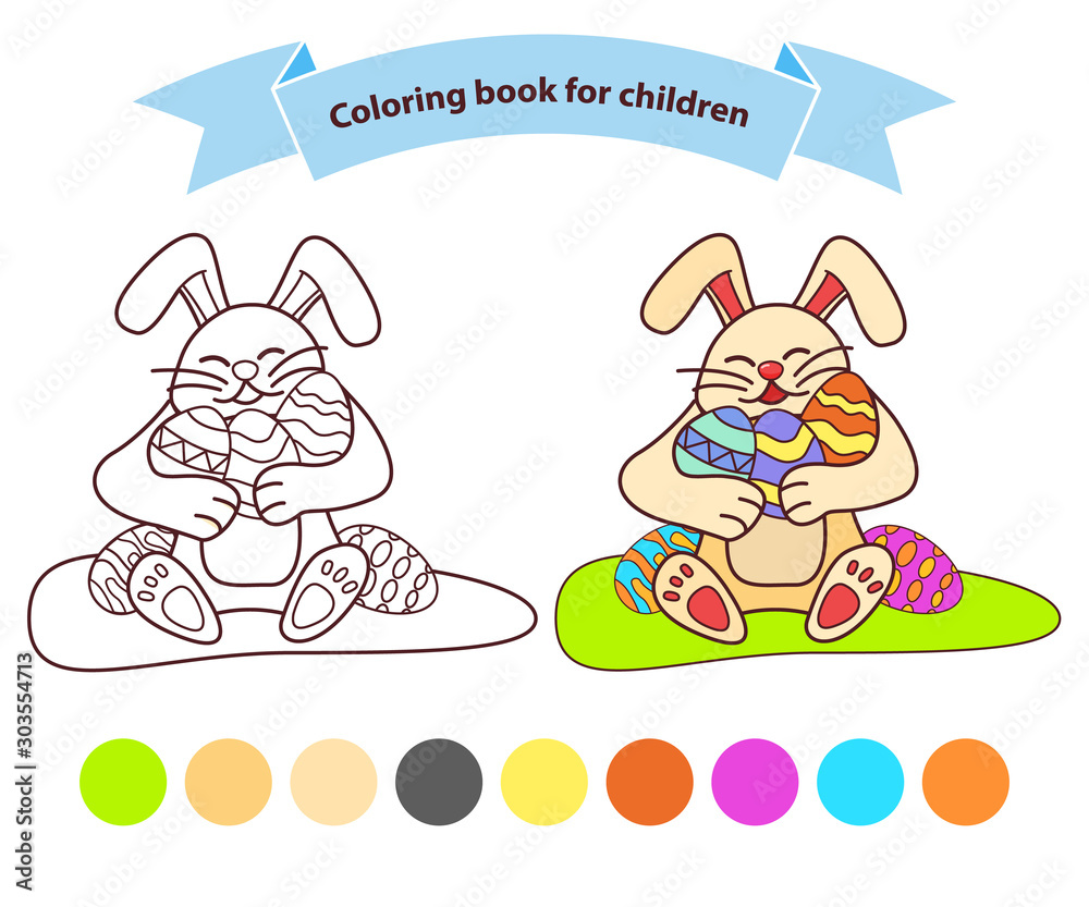 Bunny holding Easter eggs. Isolated on white background. Hare cartoon character. Happy rabbit coloring book for children. Outlined doodle. Flat vector. Bunny holding Easter eggs. Isolated on white background. Hare cartoon character. Happy rabbit coloring book for children. Outlined doodle. Flat vector.