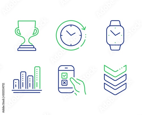 Mobile survey, Graph chart and Time change line icons set. Smartwatch, Award cup and Shoulder strap signs. Phone quiz test, Growth report, Clock. Digital time. Education set. Vector