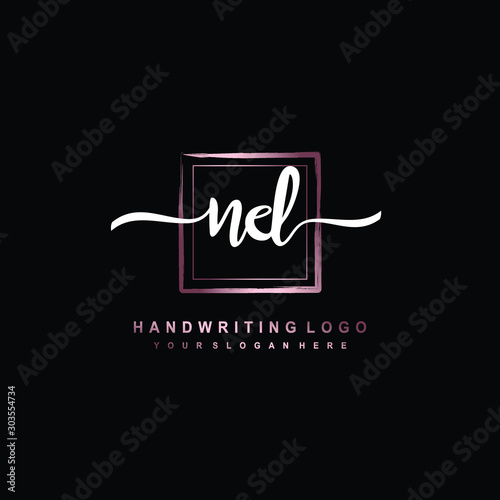ND Initial handwriting logo design with brush box lines dark pink color gradation. handwritten logo for fashion, team, wedding, luxury logo.