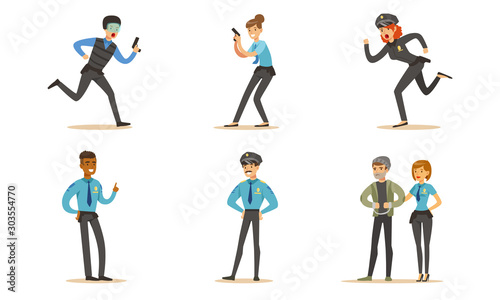 Men And Women Police Characters In Different Poses And Actions Vector Illustration Set Isolated On White Background