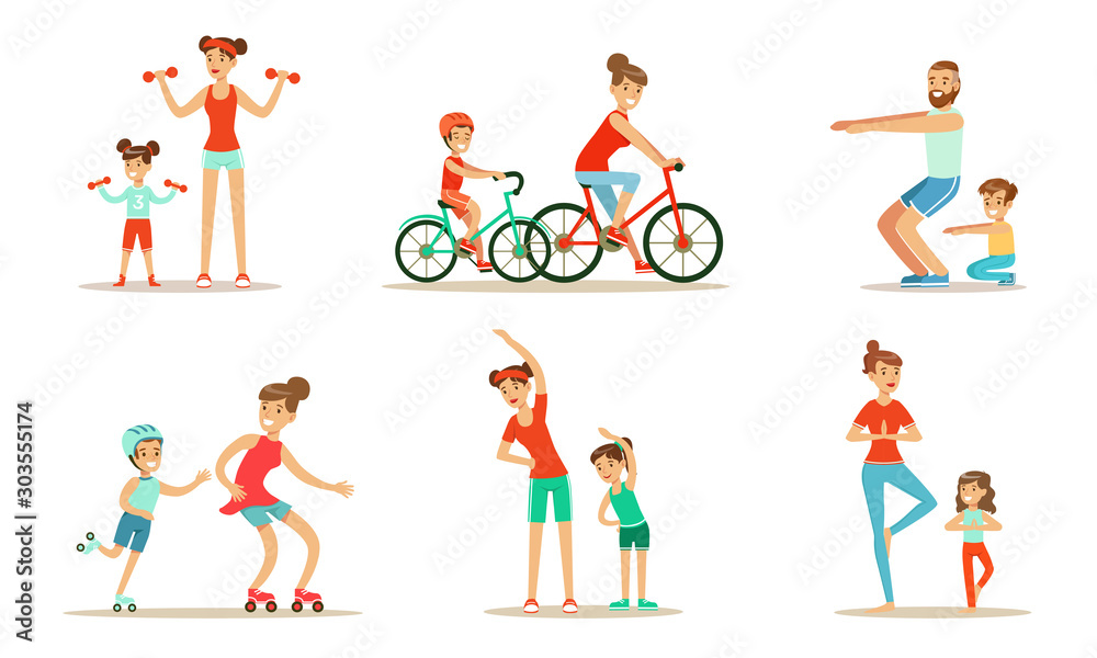 Parents With Children Doing Sports Exercises Together Vector Illustration Set Isolated On White Background