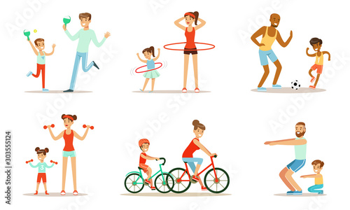 Joint Activity Of Parents And Children  Sports And Exercises Vector Illustration Set Isolated On White Background