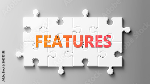 Features complex like a puzzle - pictured as word Features on a puzzle pieces to show that Features can be difficult and needs cooperating pieces that fit together, 3d illustration photo