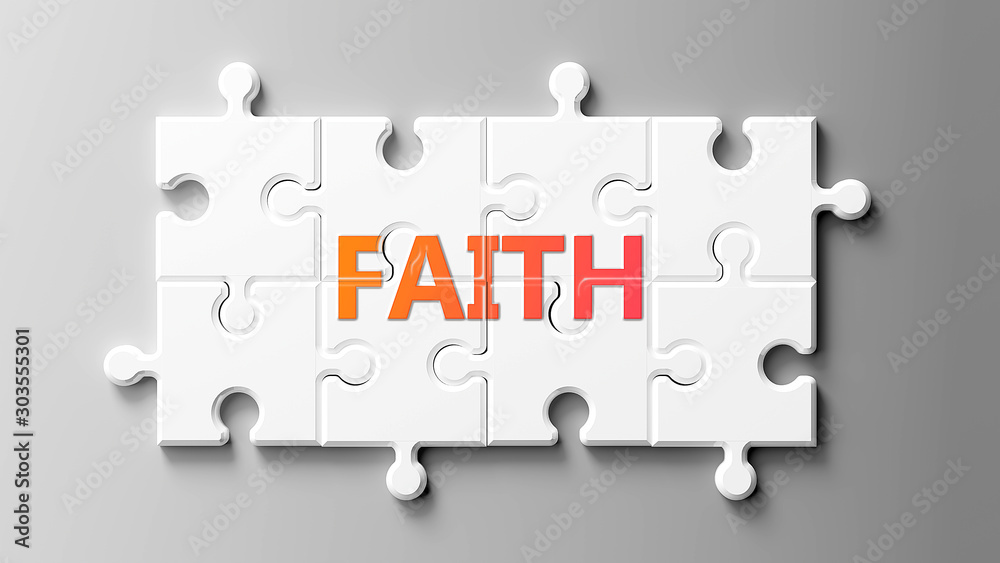 Αυτοκόλλητο Faith complex like a puzzle - pictured as word Faith on a puzzle pieces to show