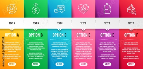 Quick tips, Cooler bottle and Contactless payment line icons set. Infographic timeline. Money currency, Heart and Collagen skin signs. Helpful tricks, Water drink, Financial payment. Vector