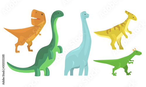 Fototapeta Naklejka Na Ścianę i Meble -  Animated Dinosaurus Of Different Types Vector Illustration Set Cartoon Character