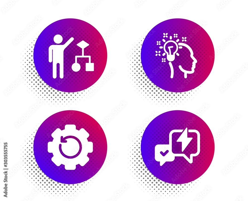 Recovery gear, Idea and Algorithm icons simple set. Halftone dots button. Lightning bolt sign. Backup info, Creative designer, Developers job. Messenger. Education set. Vector
