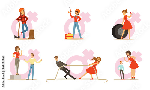 Fragile Woman Doing Male Work And Competes With Man Vector Illustration Set Isolated On White Background
