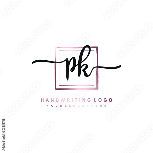 PK Initial handwriting logo design with brush box lines dark pink color gradation. handwritten logo for fashion, team, wedding, luxury logo.